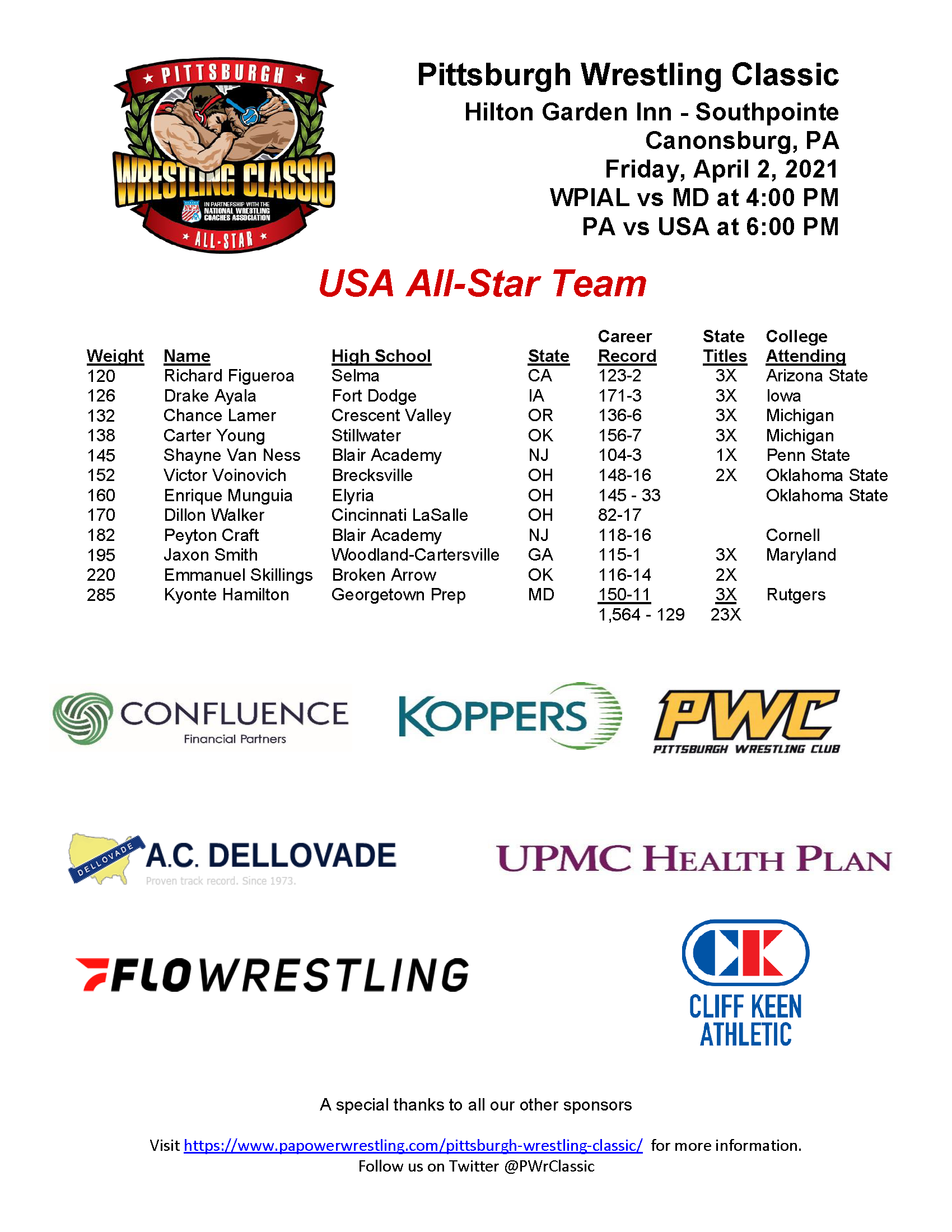 Pittsburgh Wrestling Classic Releases USA AllStar Team NWCA